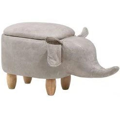 Beliani Modern Faux Leather Stool Distressed Solid Wood Animal Light Grey Elephant