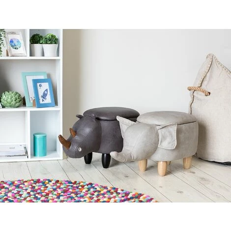 Beliani Modern Faux Leather Stool Distressed Solid Wood Animal Light Grey Elephant - Image 2