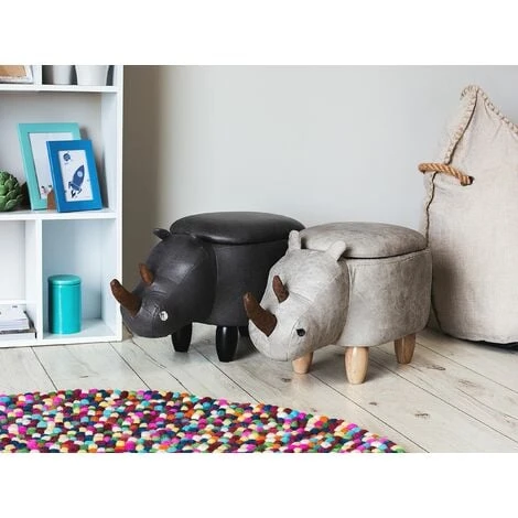 Beliani Modern Faux Leather Stool Upholstery Storage Solid Wood Animal Light Grey Rhino - Image 2