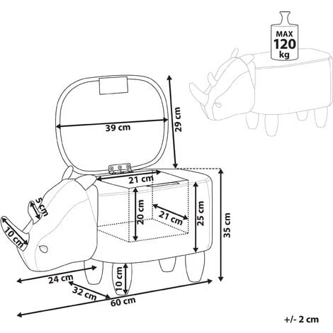 Beliani Modern Faux Leather Stool Upholstery Storage Solid Wood Animal Light Grey Rhino - Image 3