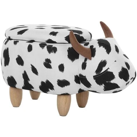 Beliani Modern Fabric Stool Black And White Upholstery Storage Solid Wood Animal Cow