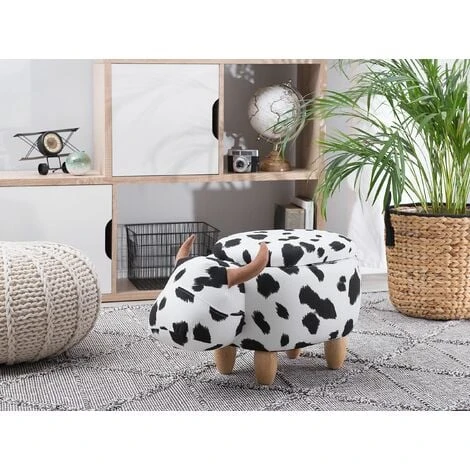 Beliani Modern Fabric Stool Black And White Upholstery Storage Solid Wood Animal Cow - Image 2