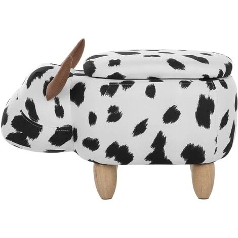 Beliani Modern Fabric Stool Black And White Upholstery Storage Solid Wood Animal Cow - Image 4