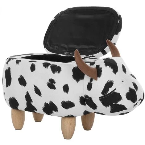 Beliani Modern Fabric Stool Black And White Upholstery Storage Solid Wood Animal Cow - Image 5