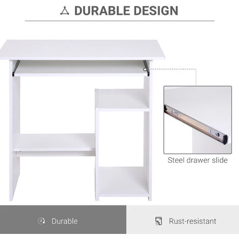 HOMCOM Compact Small Computer Table Wooden Desk Keyboard Tray Storage White - Image 4