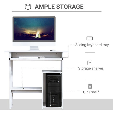 HOMCOM Compact Small Computer Table Wooden Desk Keyboard Tray Storage White - Image 5