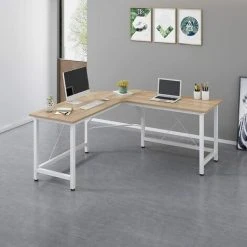 MERIDEN FURNITURE Cherry Tree Furniture Large L-Shaped Corner Desk Computer Workstation 150x150 X73 Cm (Wood & White Frame)