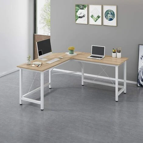 MERIDEN FURNITURE Cherry Tree Furniture Large L-Shaped Corner Desk Computer Workstation 150x150 X73 Cm (Wood & White Frame)