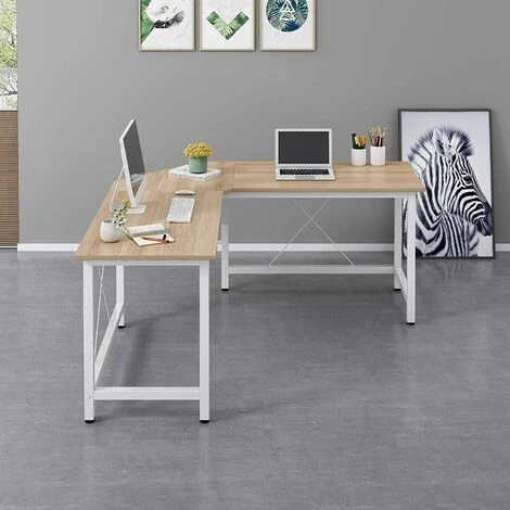 MERIDEN FURNITURE Cherry Tree Furniture Large L-Shaped Corner Desk Computer Workstation 150x150 X73 Cm (Wood & White Frame) - Image 4