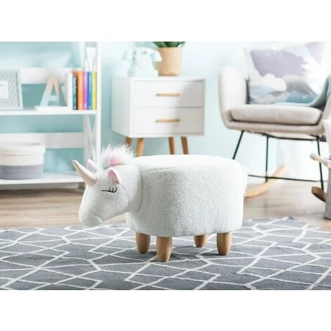 Beliani Modern Fabric Stool Nursery Children Room Solid Wood Legs Animal White Unicorn - Image 2