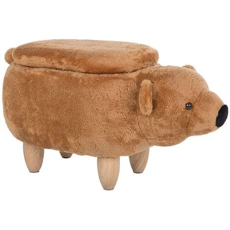 Beliani Modern Fabric Stool Footrest Nursery Solid Wood Legs Animal Golden Brown Bear