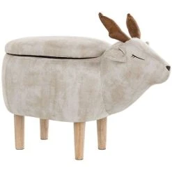 Beliani Modern Fabric Stool Pouffe Nursery Solid Wood Legs Animal Beige Reindeer