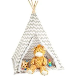 Relaxdays Teepee, Play Tent With Flooring, Includes Bag, Wigwam For Kids, HxWxD: 160 X 115 X 115 Cm, White-grey