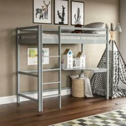 Home Discount Sydney 3ft Single Solid Pine Wood Bunk Bed With Desk, Grey