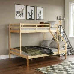 Home Discount Sydney Triple Sleeper Solid Pine Wood Bunk Bed, Single & Double Bed, Pine
