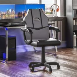 Home Discount Comet Gaming Chair Office Faux Leather Computer Desk Recliner Swivel Seat, Grey & Black