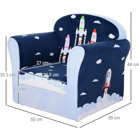 HOMCOM Children Armchair Kids Sofa Tub Chair Seat Flannel Wooden Frame Blue - Image 2