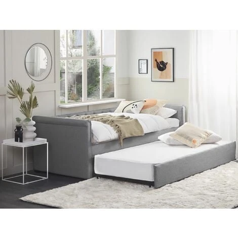 Beliani Modern Fabric EU Single Trundle Bed Frame Buttoned 3ft Light Grey Libourne - Image 2