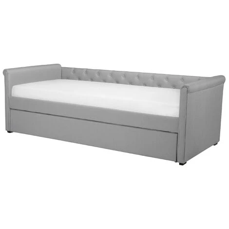 Beliani Modern Fabric EU Single Trundle Bed Frame Buttoned 3ft Light Grey Libourne - Image 4
