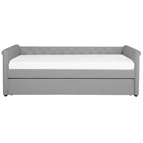 Beliani Modern Fabric EU Single Trundle Bed Frame Buttoned 3ft Light Grey Libourne - Image 5