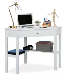 Relaxdays Corner Work Desk, Tier & Drawer, Compact, Home Office, Study, Country House Style, HxBxT: 76x107x72 Cm White