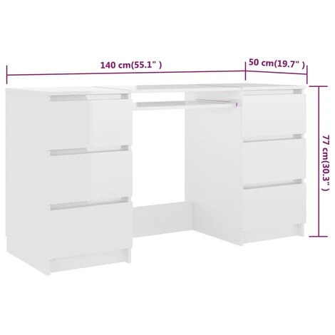 Writing Desk High Gloss White 140x50x77 Cm Engineered Wood VidaXL - Image 3