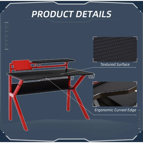 HOMCOM Gaming Desk Computer Table W/ Cup Holder Headphone Hook, Basket Red - Image 4