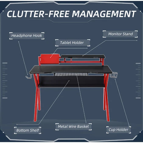 HOMCOM Gaming Desk Computer Table W/ Cup Holder Headphone Hook, Basket Red - Image 5