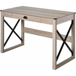 HOMCOM Retro Inspired Work Desk Station Home Office Drawer Tabletop Natural