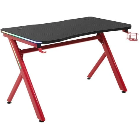 HOMCOM Gaming Desk Computer Table W/ LED Light, Cup Holder Headphone Hook Red