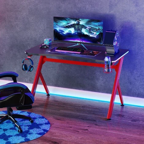 HOMCOM Gaming Desk Computer Table W/ LED Light, Cup Holder Headphone Hook Red - Image 3