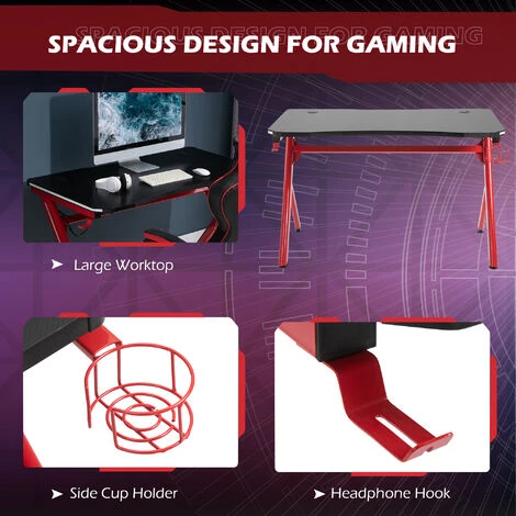 HOMCOM Gaming Desk Computer Table W/ LED Light, Cup Holder Headphone Hook Red - Image 5