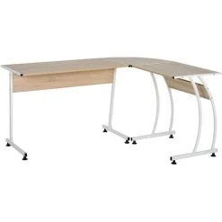 HOMCOM L Shaped Corner Desk Home Office Study Steel Frame Adjustable Feet Wood Natural Colour