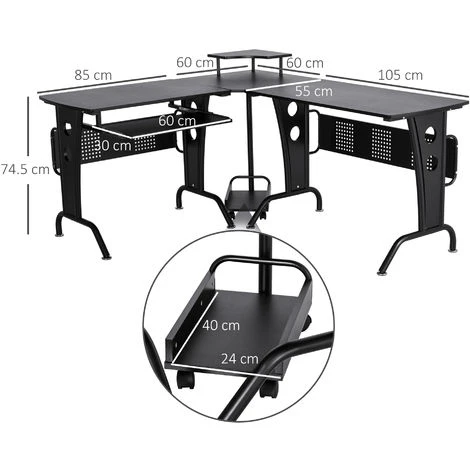 HOMCOM Space-Saving Corner Work Office Desk Gaming W/ Steel Frame CPU Black - Image 2