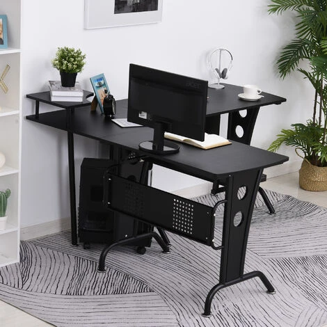 HOMCOM Space-Saving Corner Work Office Desk Gaming W/ Steel Frame CPU Black - Image 3