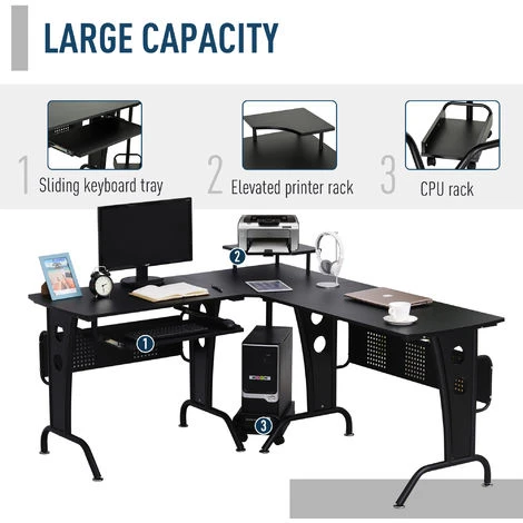 HOMCOM Space-Saving Corner Work Office Desk Gaming W/ Steel Frame CPU Black - Image 4