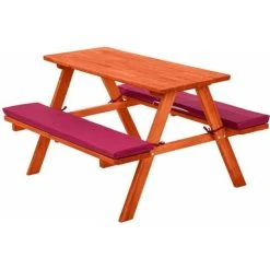 Tectake Kids Wooden Picnic Bench With Soft Cushions - Picnic Bench, Childrens Picnic Bench, Kids Picnic Bench - Red