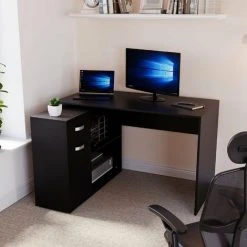 Home Discount Longton Computer Desk Adjustable 1 Drawer 1 Door PC Workstation Shelves Storage Home Office Table, Black