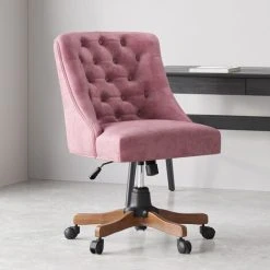 Livingandhome Velvet Office Chair Wide Buttoned Back 5 Claw Wood Legs,Pink