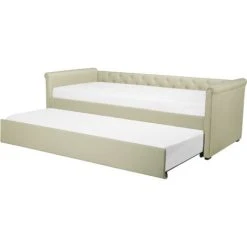 Beliani Modern Fabric EU Small Single Trundle Bed Frame Buttoned 2ft6 Beige Libourne
