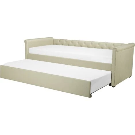 Beliani Modern Fabric EU Small Single Trundle Bed Frame Buttoned 2ft6 Beige Libourne