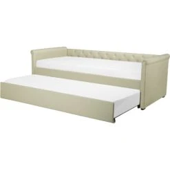 Beliani Modern Fabric EU Small Single Trundle Bed Frame Buttoned 2ft6 Beige Libourne