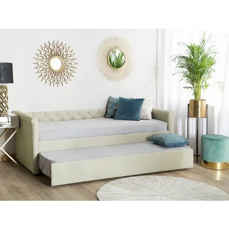 Beliani Modern Fabric EU Small Single Trundle Bed Frame Buttoned 2ft6 Beige Libourne - Image 2