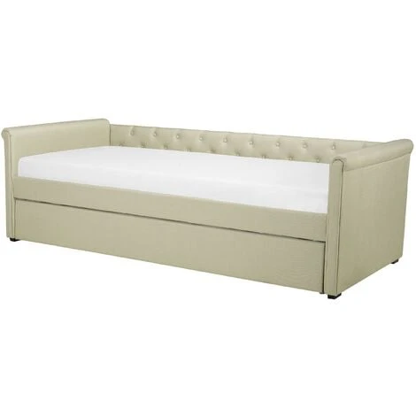 Beliani Modern Fabric EU Small Single Trundle Bed Frame Buttoned 2ft6 Beige Libourne - Image 4