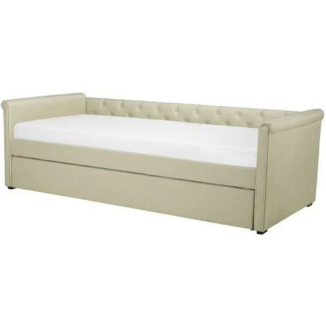 Beliani Modern Fabric EU Small Single Trundle Bed Frame Buttoned 2ft6 Beige Libourne - Image 4