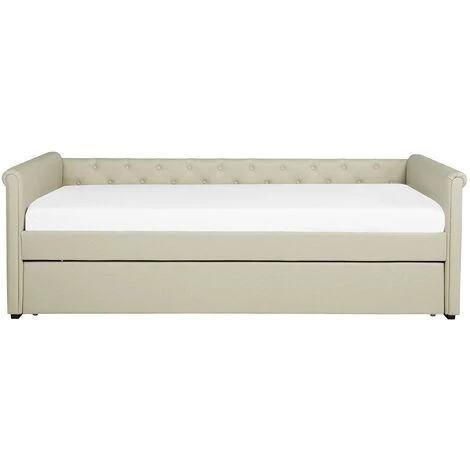 Beliani Modern Fabric EU Small Single Trundle Bed Frame Buttoned 2ft6 Beige Libourne - Image 5