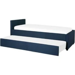 Beliani Modern Fabric EU Small Single Trundle Bed Frame 2ft6 Navy Blue Slatted Marmande