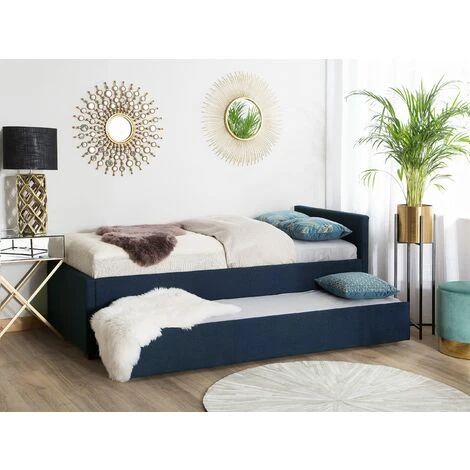 Beliani Modern Fabric EU Small Single Trundle Bed Frame 2ft6 Navy Blue Slatted Marmande - Image 2