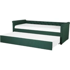 Beliani Modern Fabric EU Small Single Trundle Bed Frame Buttoned 2ft6 Dark Green Libourne