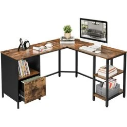 Songmics VASAGLE Corner Desk, L-Shaped Computer Desk, Office Desk With Cupboard And Hanging File Cabinet, 2 Shelves, Home Office, Space-Saving, Easy Assembly, Industrial Design, Rustic Brown And Black By SONGM